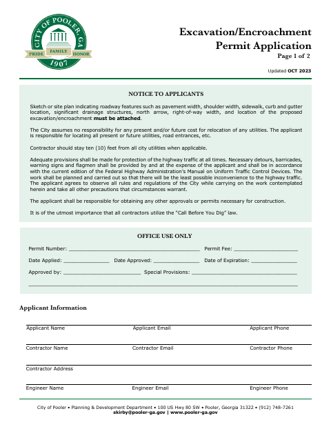 First page of the Excavation/Encroachment Permit Application