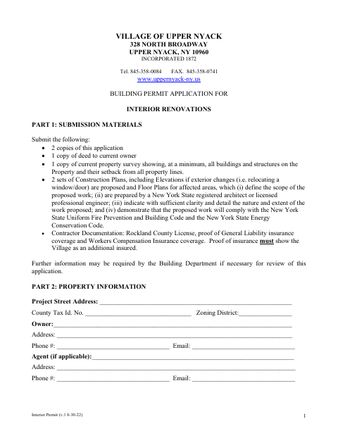First page of the Building Permit Application For Interior Renovations