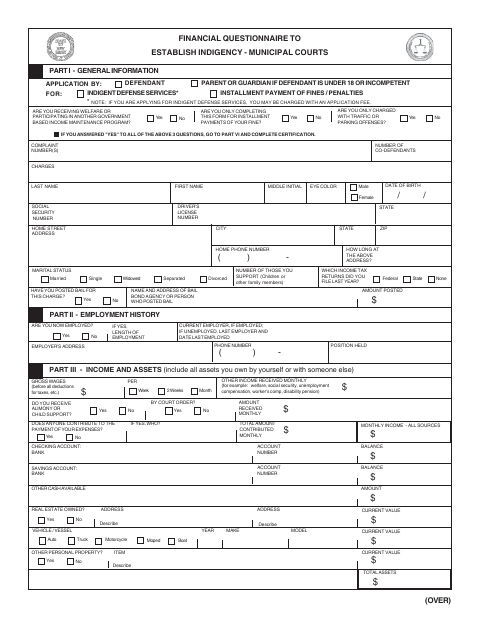 First page of the Financial Questionnaire to Establish Indigency – Municipal Courts