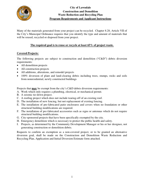 First page of the Construction And Demolition Waste Reduction And Recycling Plan
