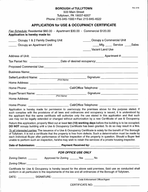 First page of the Application for Use & Occupancy Certificate