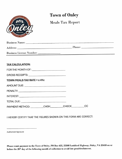 First page of the Meals Tax Report Form