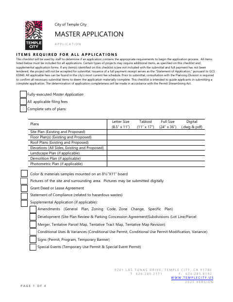 First page of the Master Application