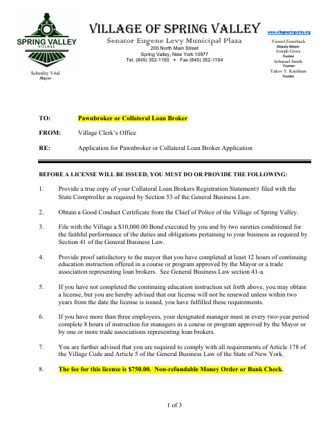 First page of the Pawnbroker or Collateral Loan Broker Application