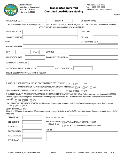 First page of the Transportation Permit Oversized Load/House Moving