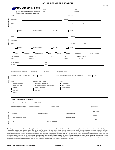 First page of the Solar Permit Application