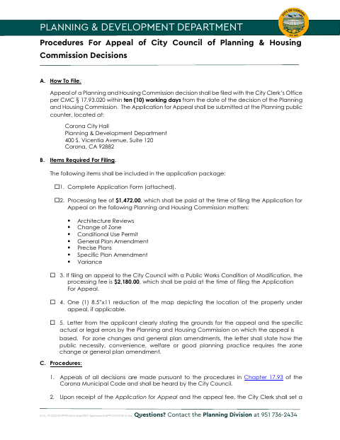 First page of the Application for Appeal of Planning & Housing Commission Decisions