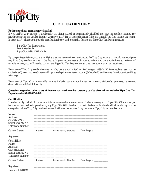 First page of the Certification Form