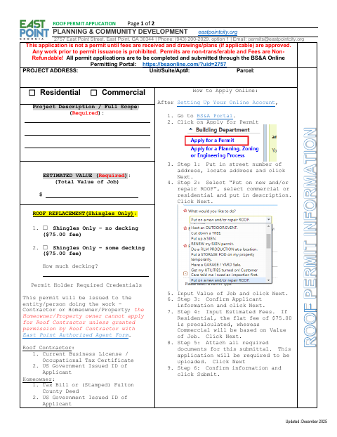 First page of the Roof Permit Application