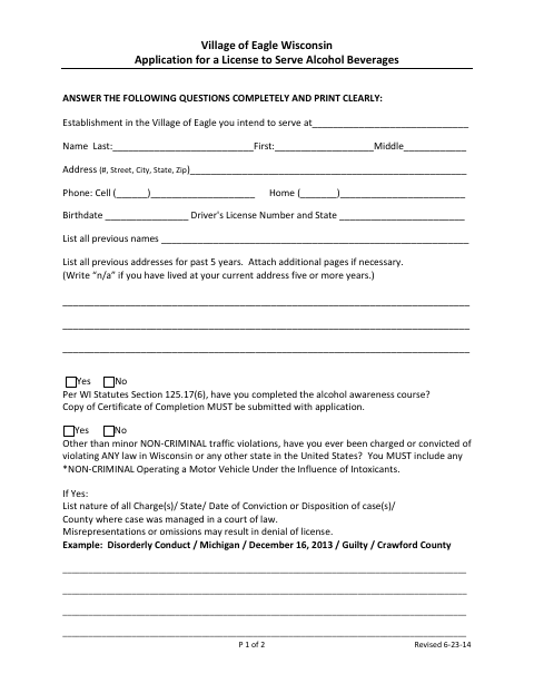 First page of the Alcohol Beverage License to Serve Application
