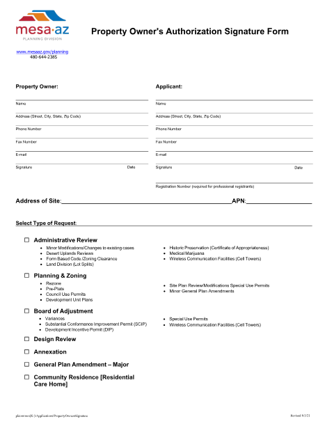 First page of the Property Owner's Authorization Signature Form