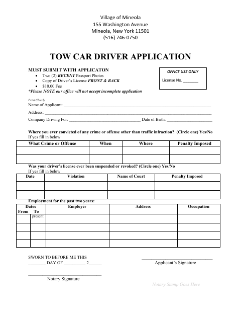 First page of the Tow Car Driver Application