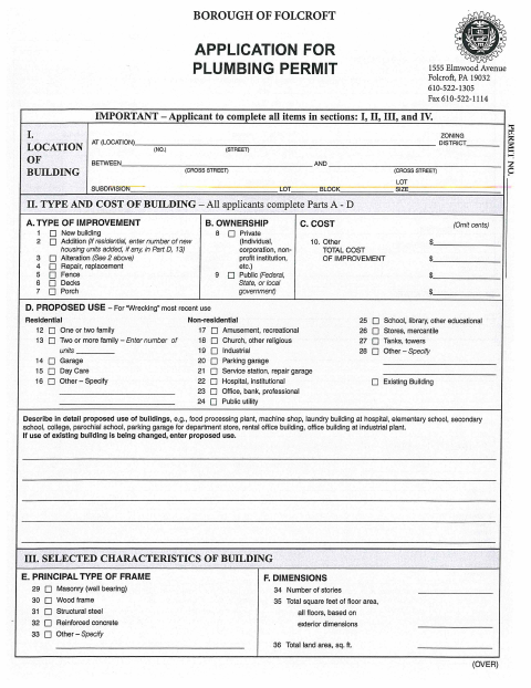 First page of the Plumbing Permit Application