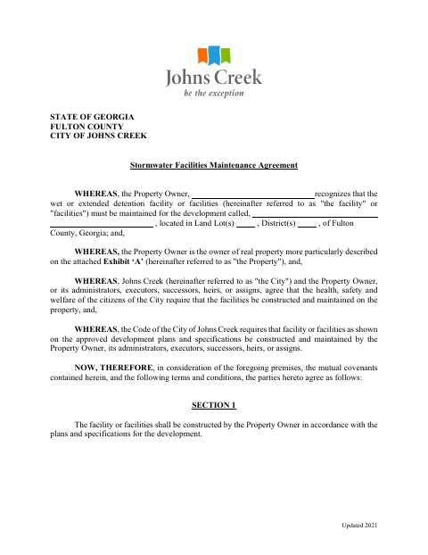 First page of the Stormwater Facilities Maintenance Agreement