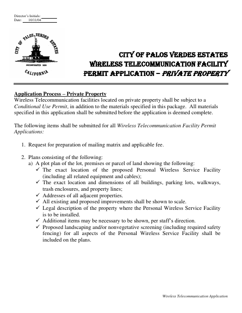 First page of the Wireless Telecommunication Facility Permit Application – Private Property