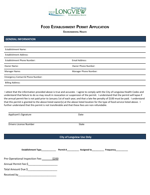 First page of the Food Establishment Permit Application