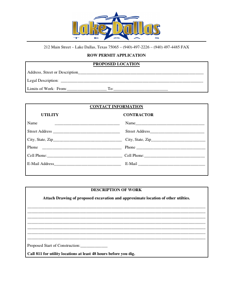First page of the Right of Way Permit Application