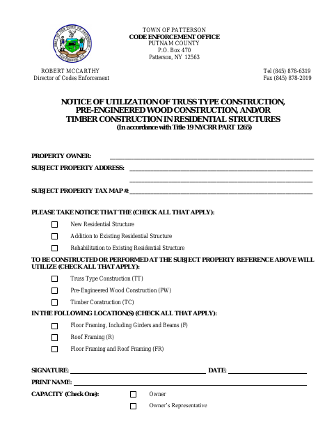First page of the Notice of Utilization of Truss Type, Pre-Engineered Wood, or Timber Construction