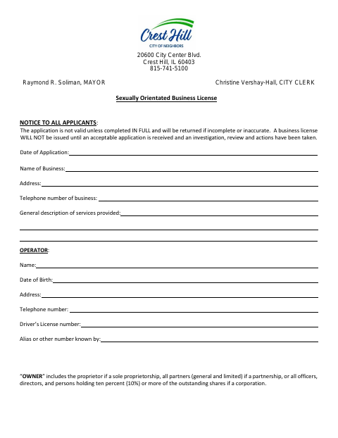 First page of the Sexually Oriented Business License Application