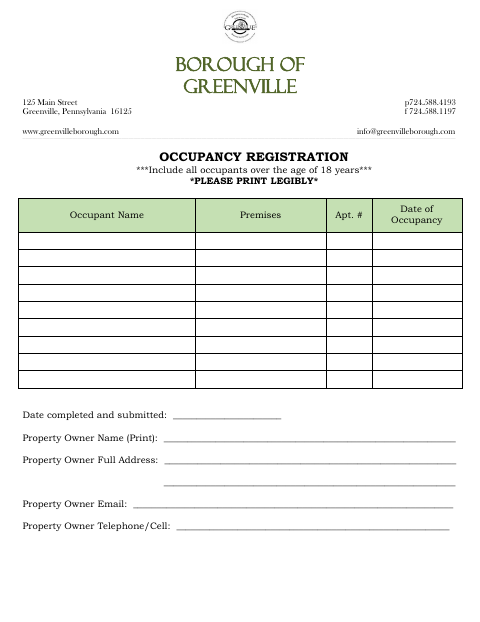 First page of the Tenant Occupancy Registration