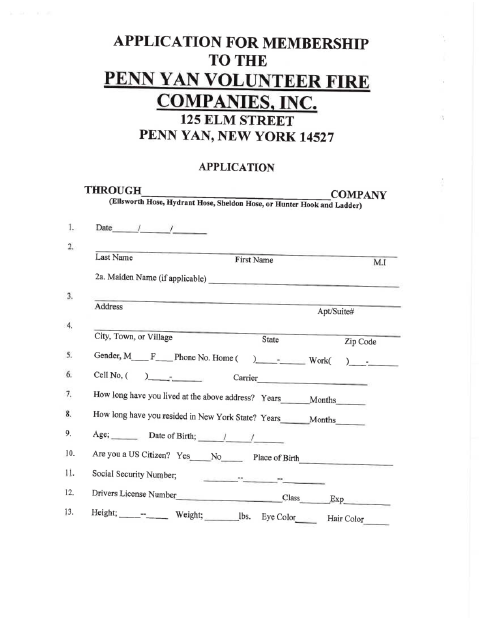 First page of the Volunteer Fire Company Membership Application