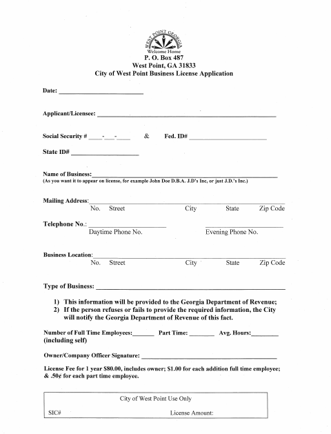 First page of the Business License Application