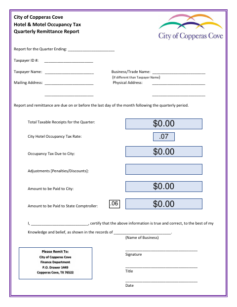 First page of the Hotel & Motel Occupancy Tax Quarterly Remittance Report