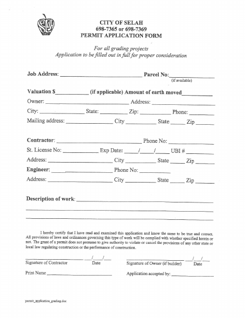 First page of the Grading Permit Application