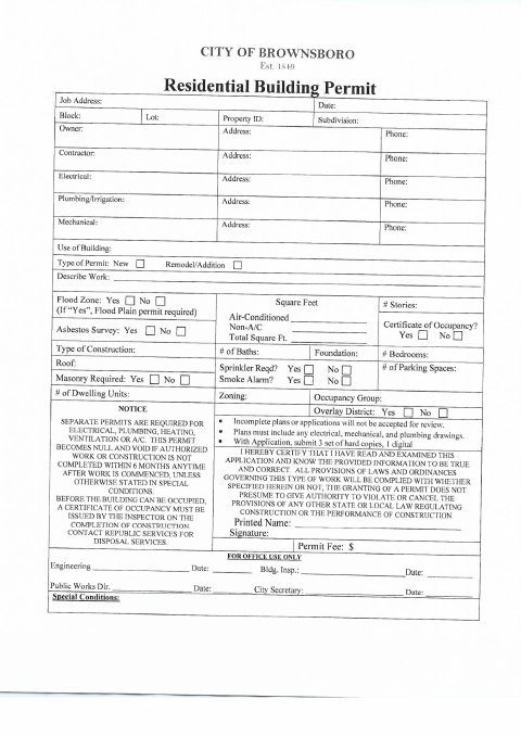 First page of the Residential Building Permit