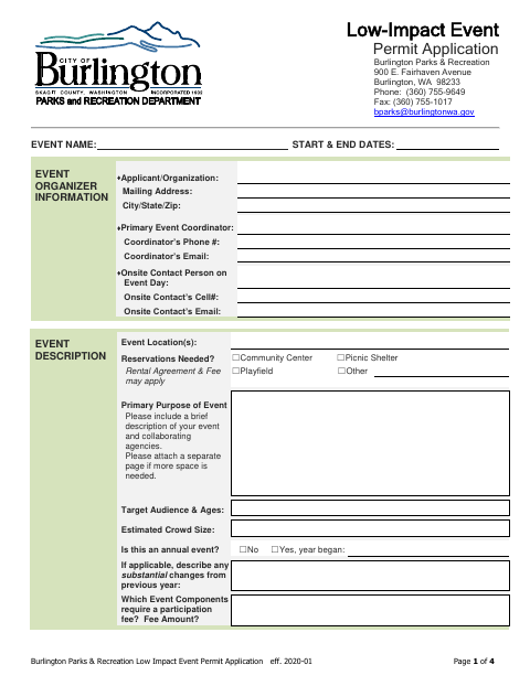 First page of the Low-Impact Event Permit Application