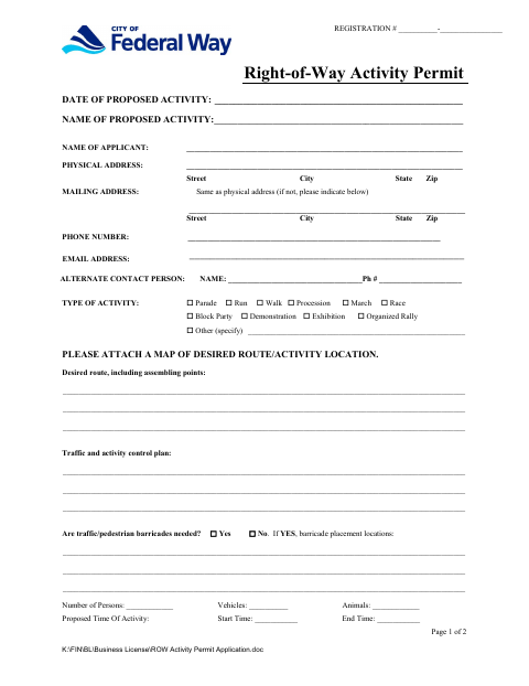 First page of the Right-of-Way Activity Permit