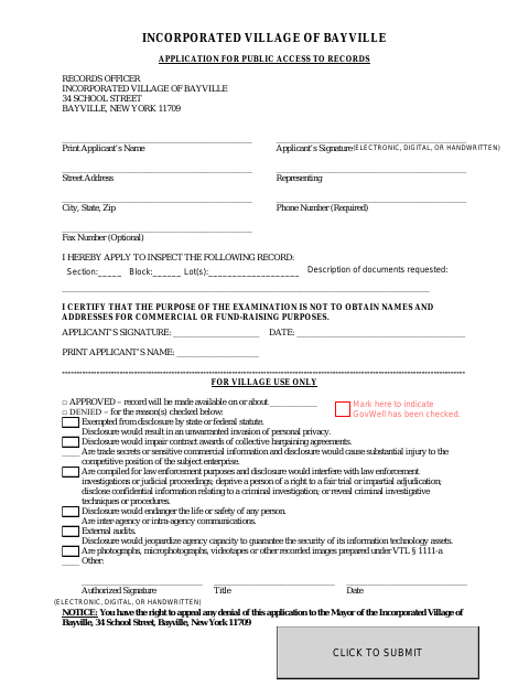 First page of the Application for Public Access to Records