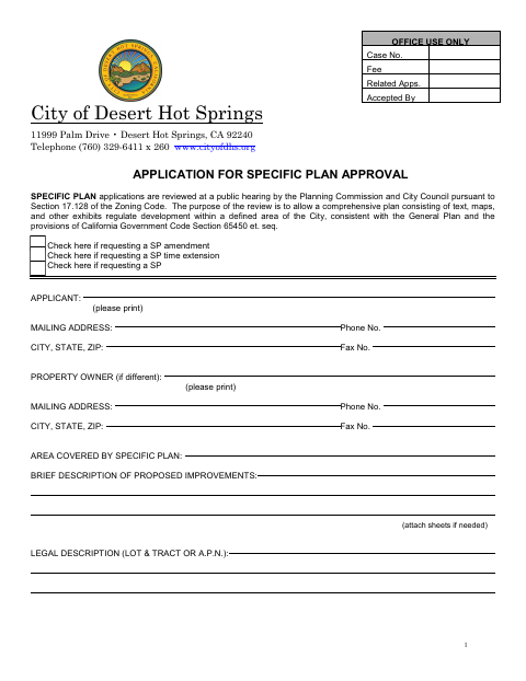 First page of the Application for Specific Plan Approval
