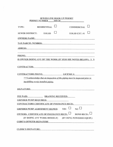 First page of the Sewer Line Hook Up Permit