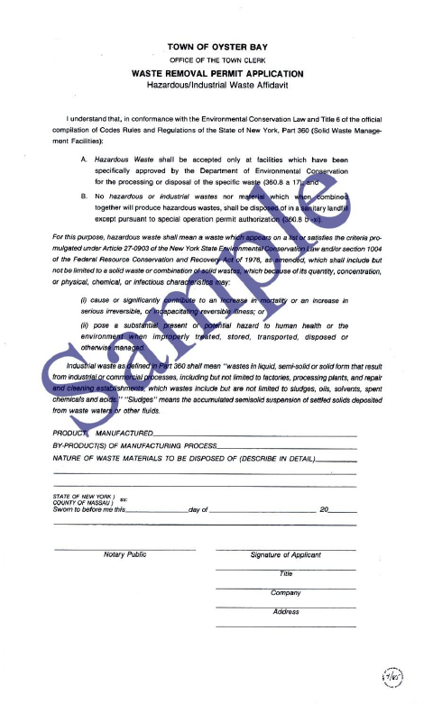 First page of the Hazardous/Industrial Waste Affidavit