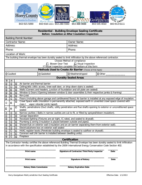First page of the Residential Building Envelope Sealing Certificate