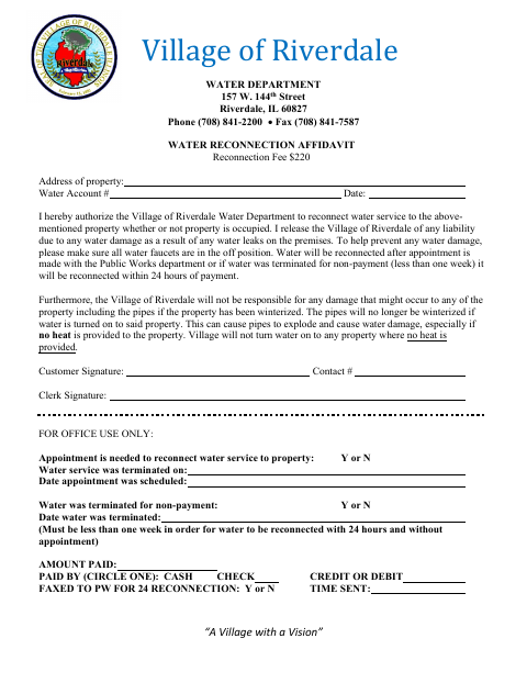 First page of the Water Reconnection Affidavit