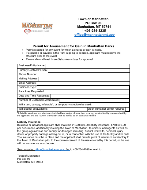 First page of the Permit for Amusement for Gain in Manhattan Parks