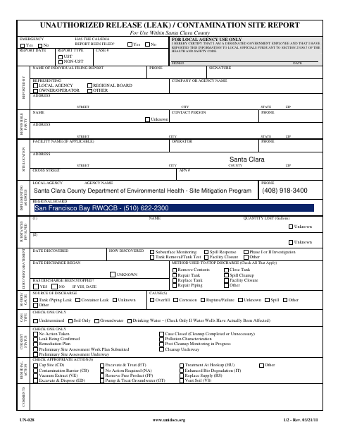 First page of the Unauthorized Release (Leak) / Contamination Site Report