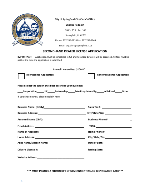 First page of the Secondhand Dealer License Application