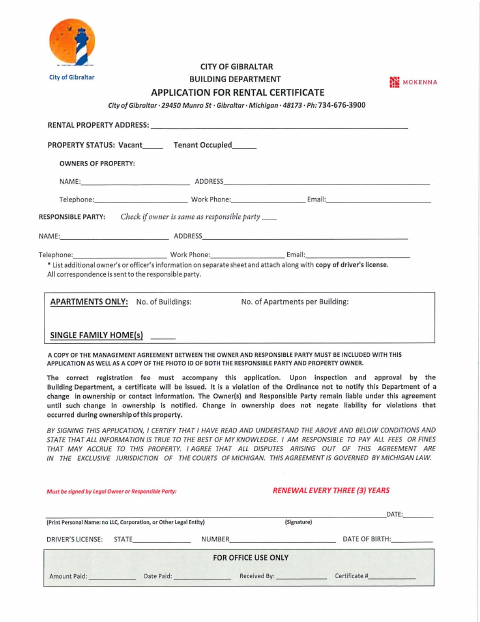 First page of the Rental Registration Application