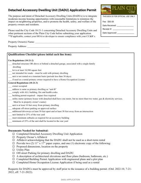 First page of the Detached Accessory Dwelling Unit Application