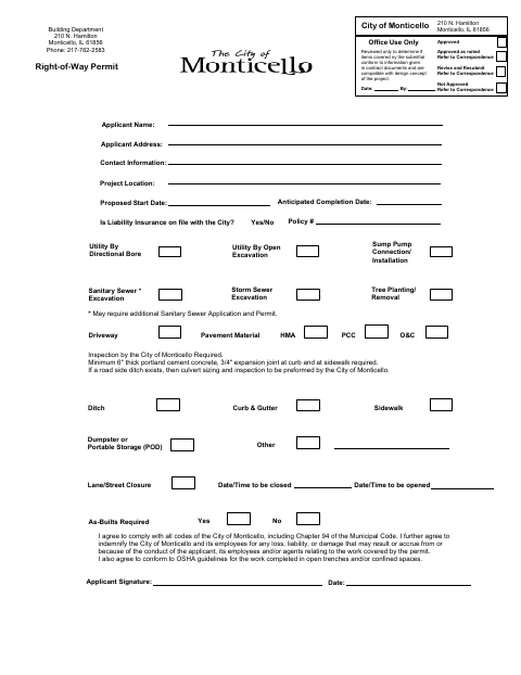 First page of the Right-of-Way Permit