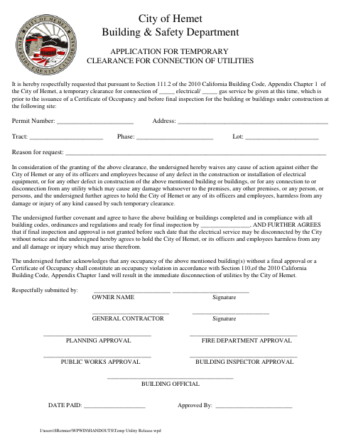 First page of the Application For Temporary Clearance For Connection Of Utilities