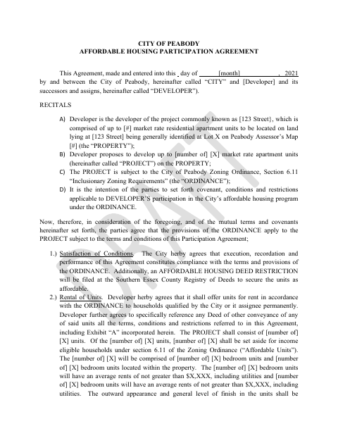 First page of the Affordable Housing Participation Agreement