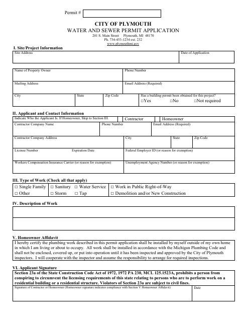 First page of the Water And Sewer Permit Application