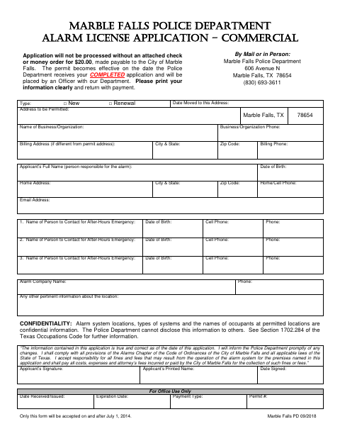 First page of the Commercial Alarm License Application