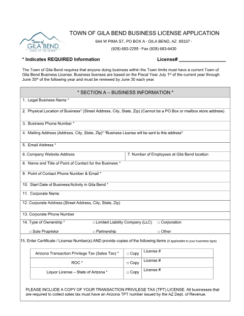 First page of the Business License Application