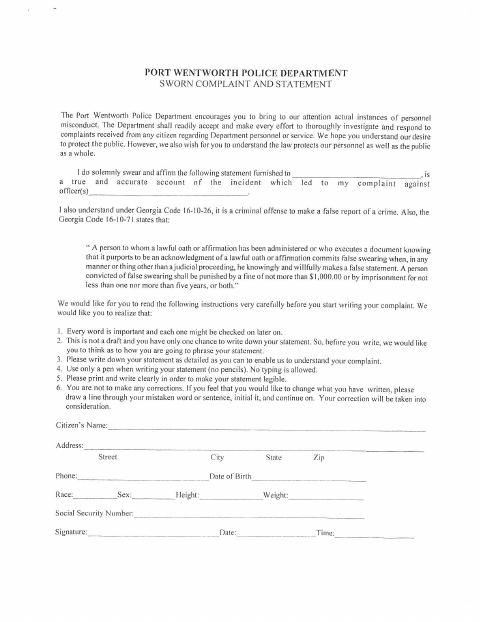 First page of the Sworn Complaint and Statement