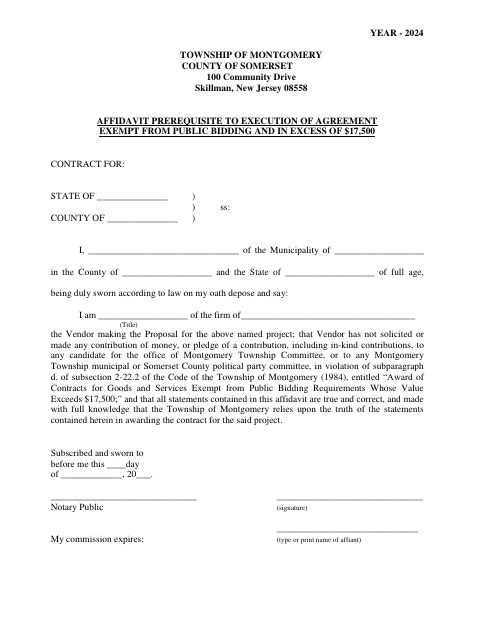 First page of the Affidavit Prerequisite to Execute Agreement in Excess of $17,500